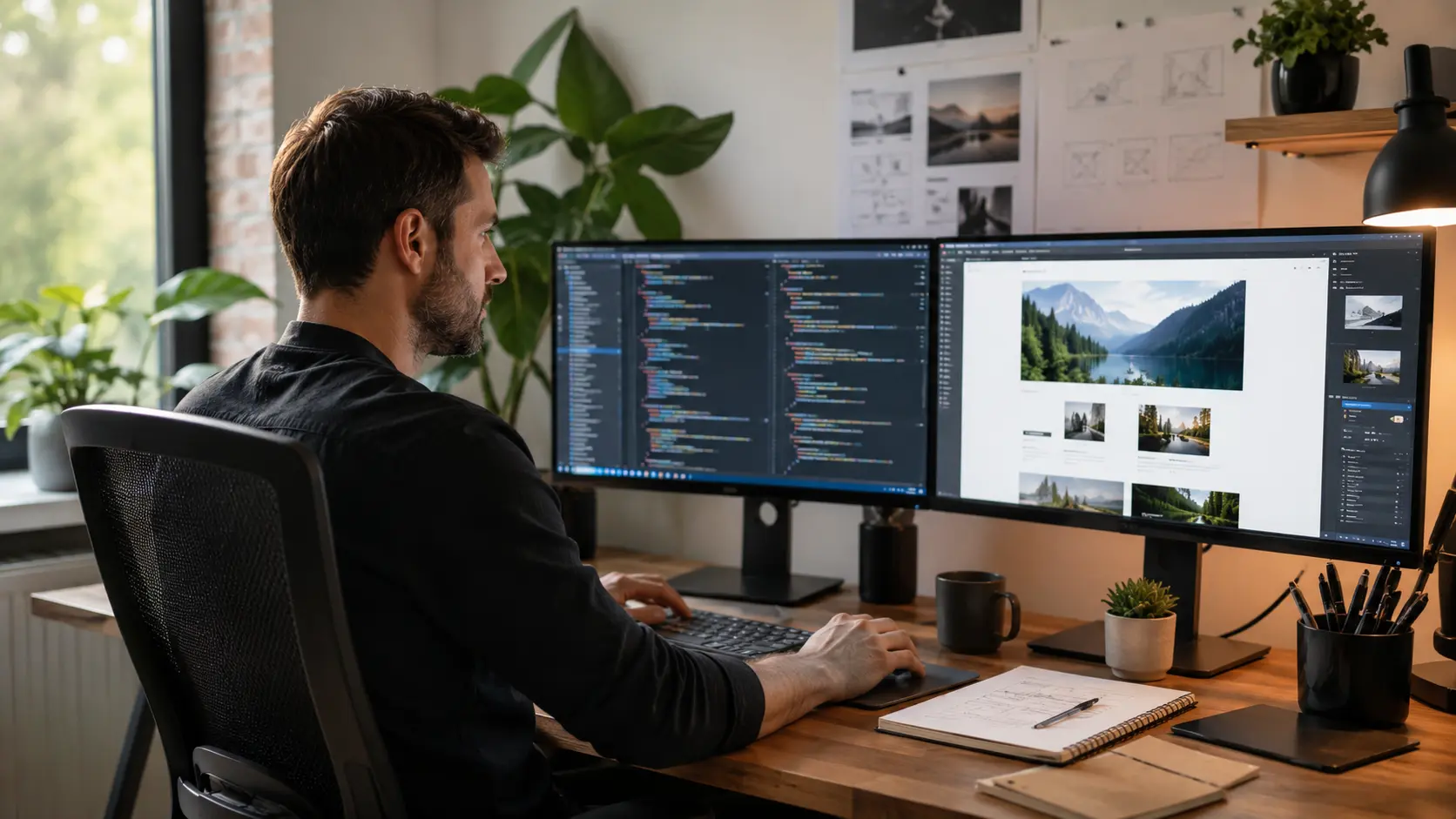 Web developer reviewing code and a website layout across two screens in a creative studio.