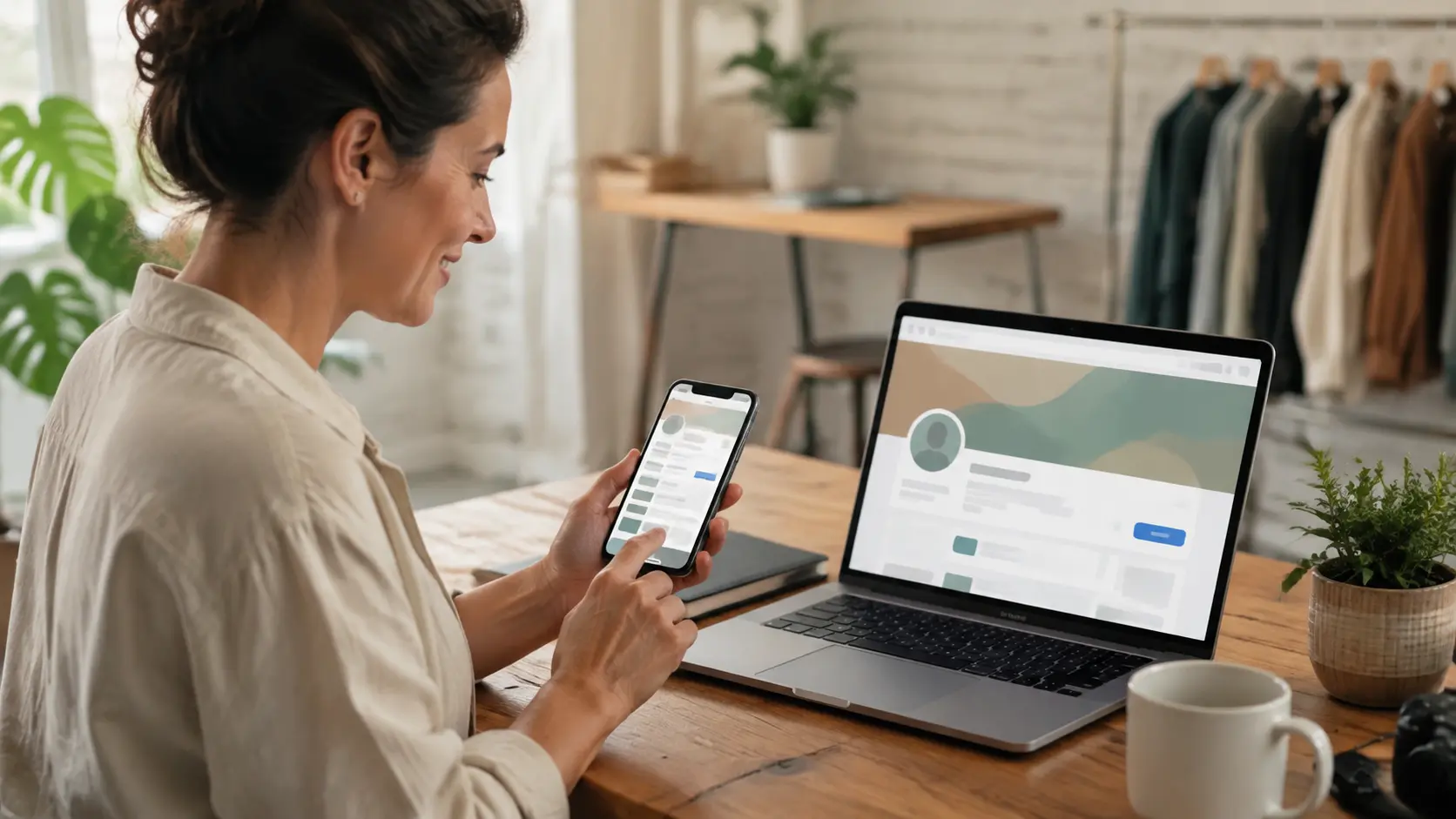 Small-business owner setting up a professional social media profile using a smartphone and laptop.