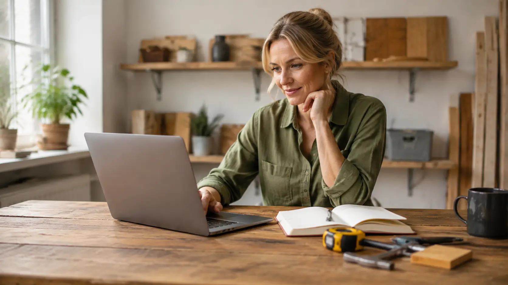 Small-business owner building a website on a laptop beside a notebook and practical DIY tools.