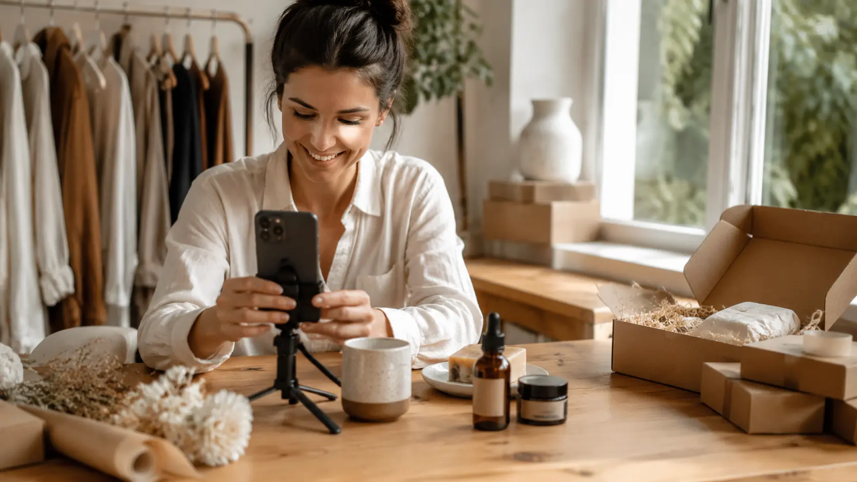 Ecommerce products and parcel packaging beside a smartphone being used to create social content.