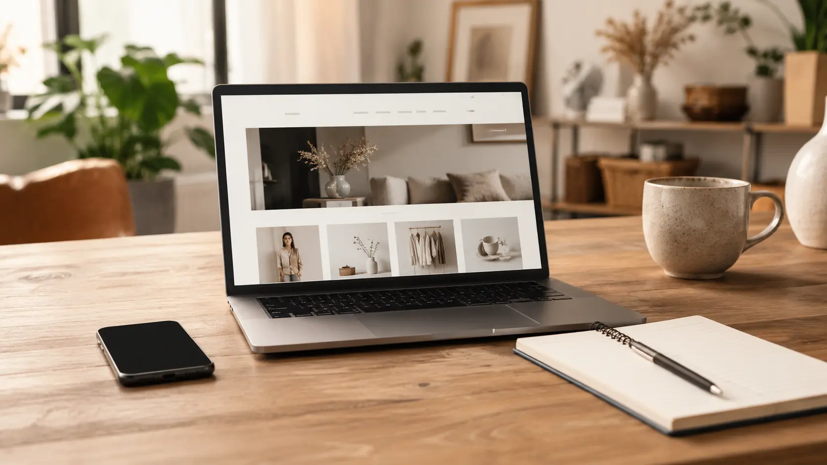 Attractive business website displayed on a laptop beside a quiet phone and an empty enquiry notebook.